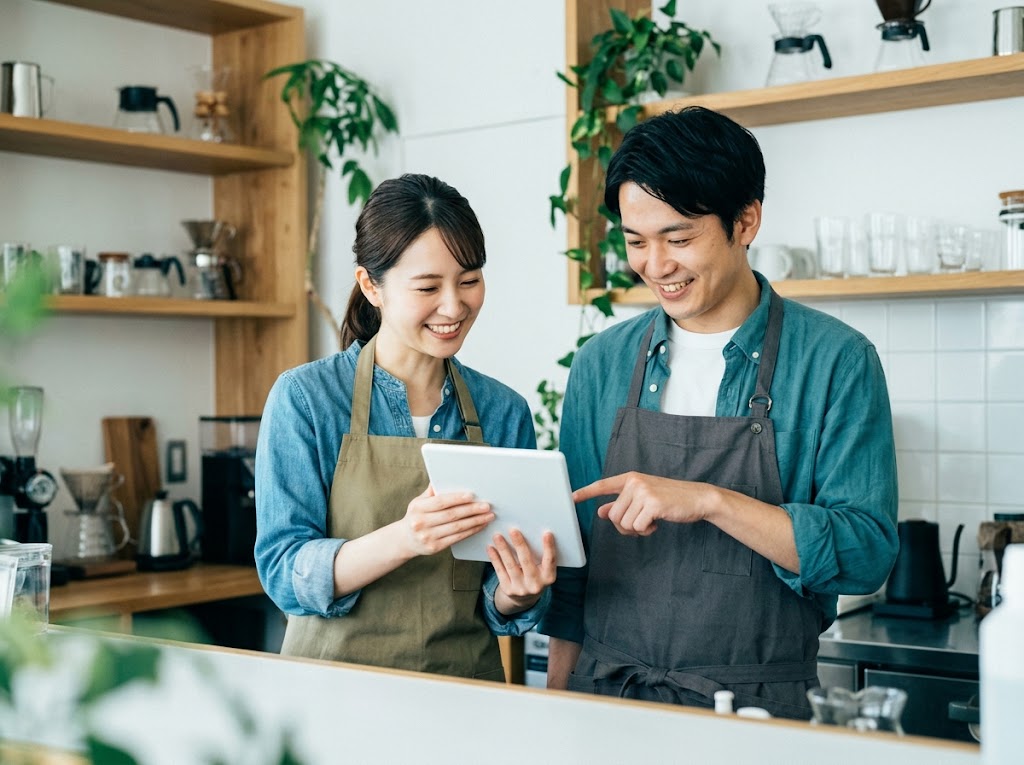 カフェのカウンターでタブレットを見ながら話す店舗スタッフ