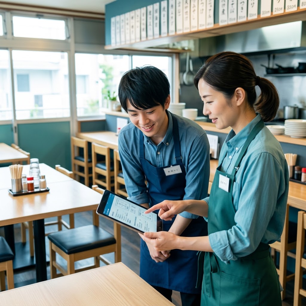 タブレットのマニュアルで新人に教える先輩スタッフ