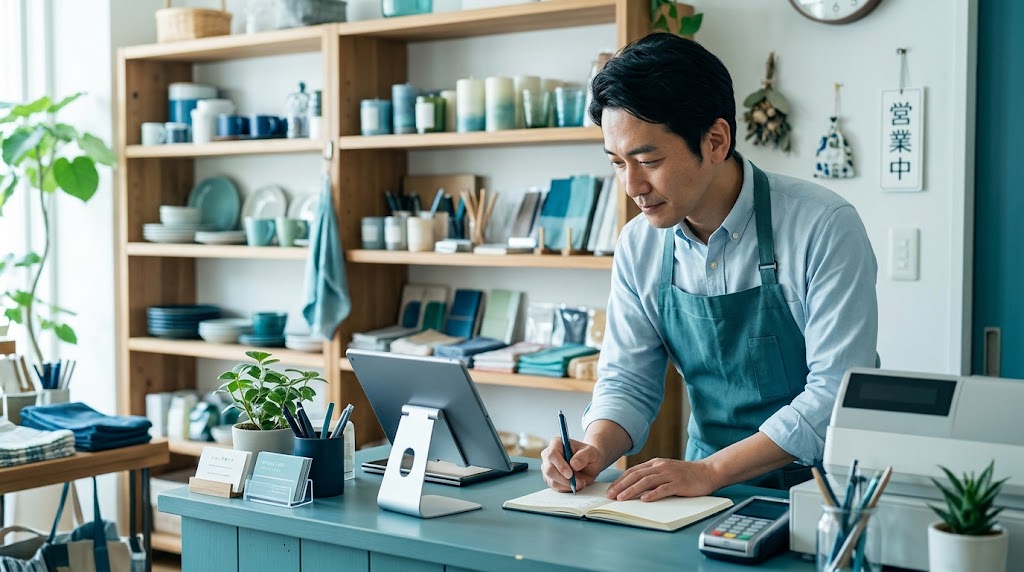 タブレットのAI画面を見ながらメモを取る店長