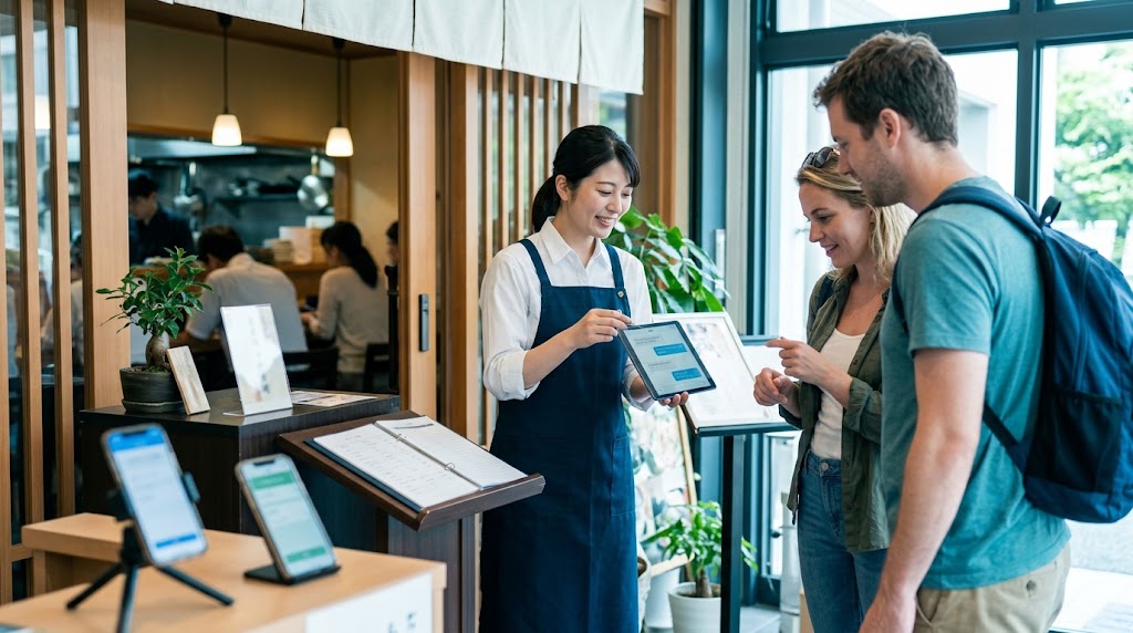 タブレットの翻訳画面で外国人のお客様を案内するスタッフ