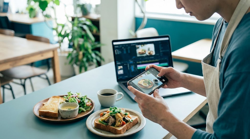 スマートフォンで料理を撮影する手元
